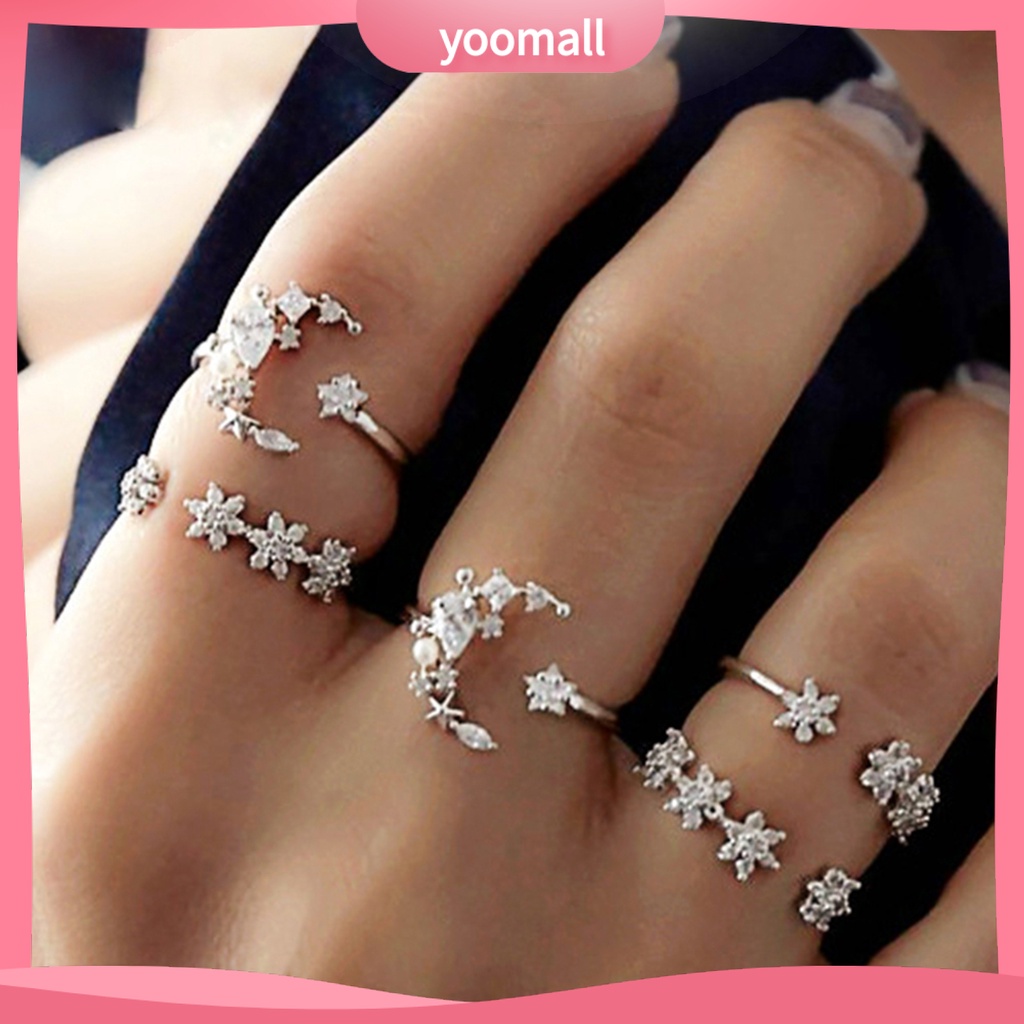 Bộ 5 Nhẫn Hợp Kim Đính Đá Trọng Lượng Nhẹ Thời Trang