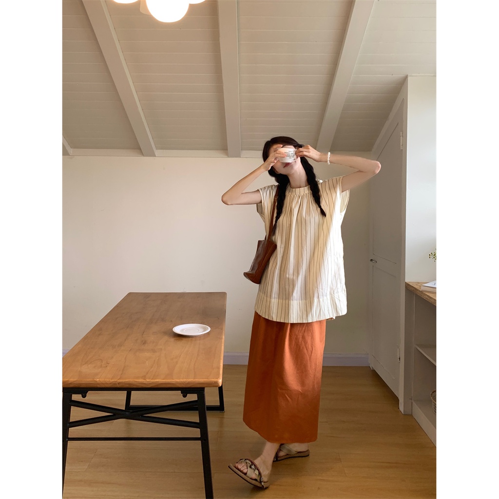 Set Áo Thun Ngắn Tay Kẻ Sọc Phối Chân Váy Dài Suông Thời Trang Mùa Hè Cho Nữ