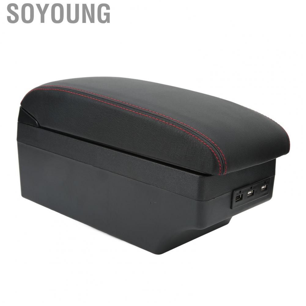 Soyoung Armrest Box Center Console Organizer 7 USB Ports Front Rear Expansion Black for Auto Interior