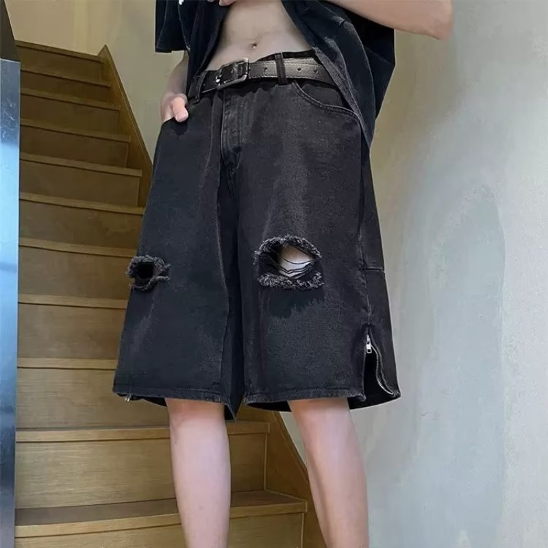 Quần Short Denim Dáng Rộng Rách Gối Phong Cách Đường Phố Mỹ Mùa Hè Cho Nam