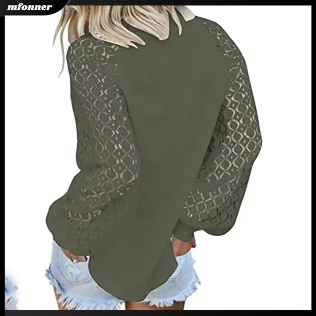 Áo Kiểu Tay Dài Phồng Phối Ren Lỗ Màu Sắc Trơn Thời Trang Cho Nữ