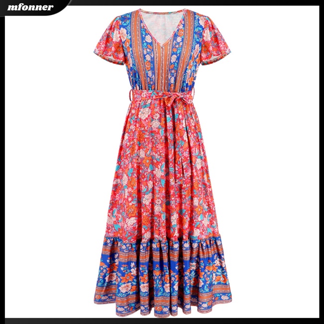 Đầm Maxi Lưng Cao Cổ Chữ V Họa Tiết Hoa Phong Cách Boho Thời Trang Mùa Hè Cho Nữ
