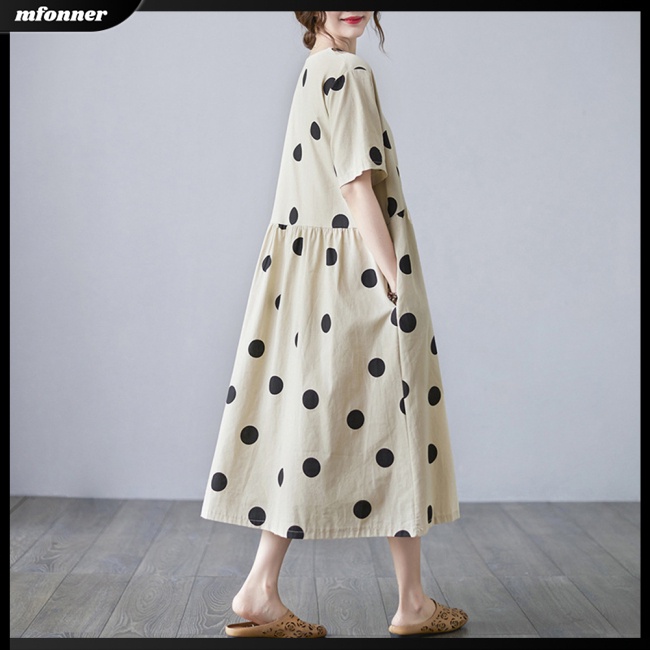 Đầm Cotton Lanh Cổ Chữ V Dáng Rộng Họa Tiết Chấm Bi Thời Trang Mùa Hè Cho Nữ