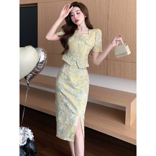 Set áo thun ngắn tay + chân váy lưng cao xẻ tà thời trang mùa hè phong cách pháp mới cho nữ