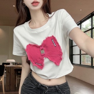 Áo Thun Lửng Tay Ngắn Dáng Ôm Đính Nơ Eo Cao Thời Trang Cho Nữ