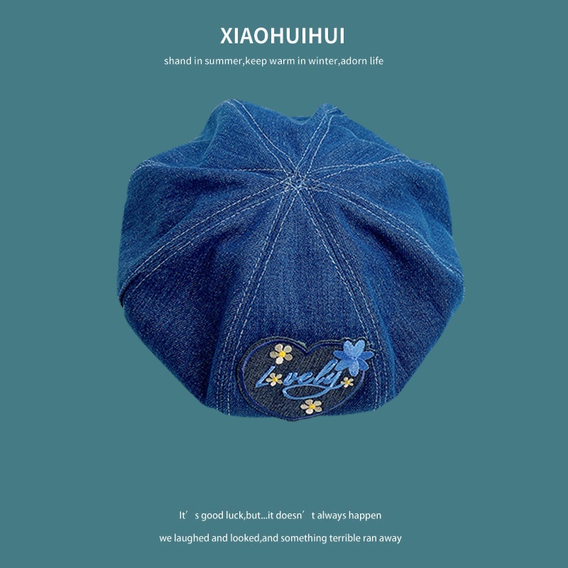 Mũ Beret Denim Mỏng Thêu Hình Trái Tim Phong Cách Hàn Quốc Ngọt Ngào Cho Nữ