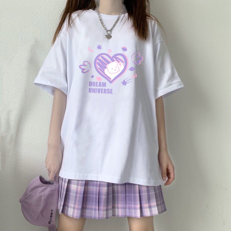 Áo Thun Tay Ngắn Dáng Rộng Màu Đen In Hình Trái Tim Thời Trang Mùa Hè Xinh Xắn Cho Nữ