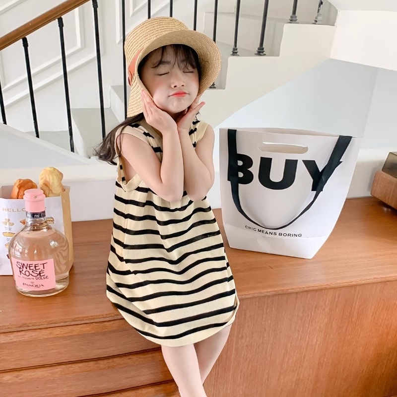 Đầm Công Chúa Sát Nách Kẻ Sọc Thời Trang Mùa Hè Hàn Quốc Mới 2023 Cho Bé Gái