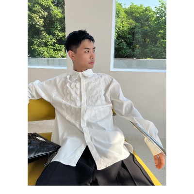 Ins Influencer Blogger Niche Áo Sơ Mi Trắng Xếp Ly Phối Sọc Phiên Bản Hàn Quốc Cho Nam