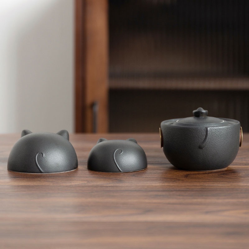Bộ Ấm Trà Bằng Sứ Hình Mèo Dễ Thương Kèm Túi Đựng Tiện Dụng Mang Theo Du Lịch / Văn Phòng