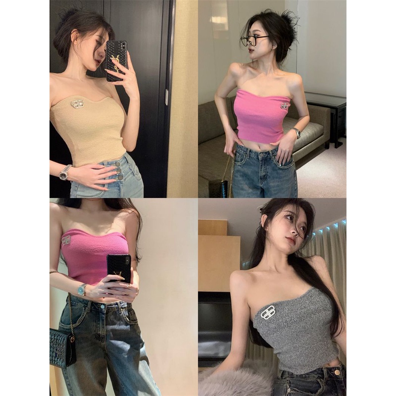 Áo ngực dệt kim không dây gợi cảm, mùa xuân / mùa hè ngắn retro slim fit tank top cho nữ