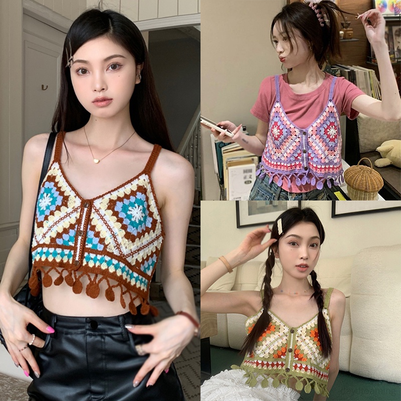 Áo Croptop Dệt Kim Cổ Chữ V Phối Tua Rua Màu Sắc Tương Phản Thời Trang Mùa Hè Cho Nữ