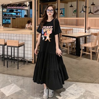 Đầm Thun Midi Tay Ngắn Dáng Rộng In Họa Tiết Hoạt Hình Dễ Thương Thời Trang Mùa Hè Cho Nữ