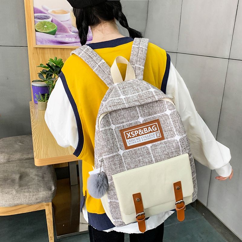 Junior high school schoolbag female student Korean high school student campus canvas plaid backpack backpack