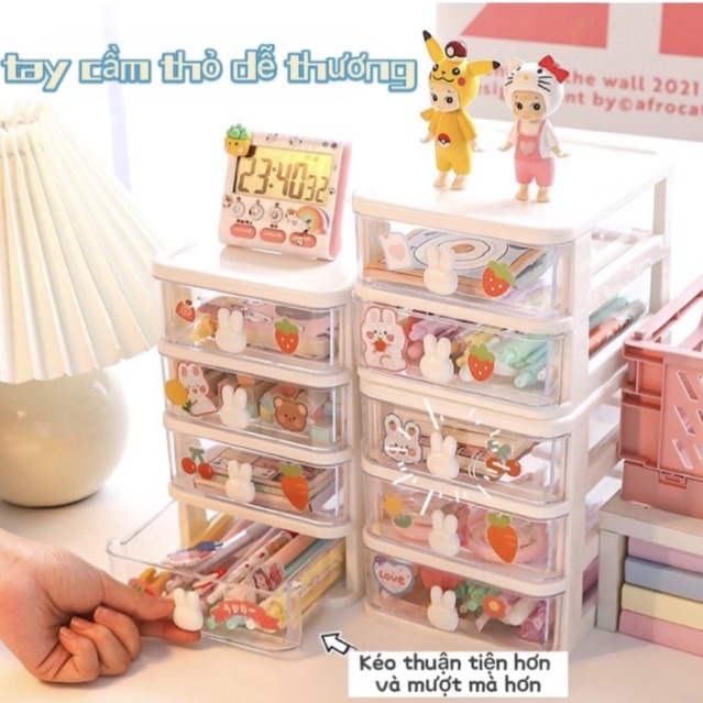 Hộp Đựng Mỹ Phẩm, Vật Dụng Văn Phòng Nhiều Ngăn Họa Tiết Thỏ Dễ Thương Chống Bụi