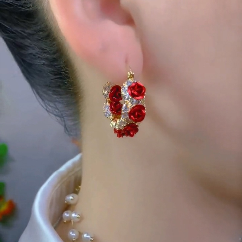 Khuyên Tai Đính Đá Hoa Hồng Đỏ Sang Trọng