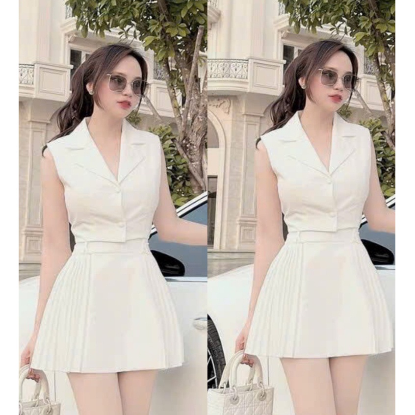 set váy nữ chân váy dập ly mix áo gile cổ vest croptop phong cách công sở thời trang nữ stclothing