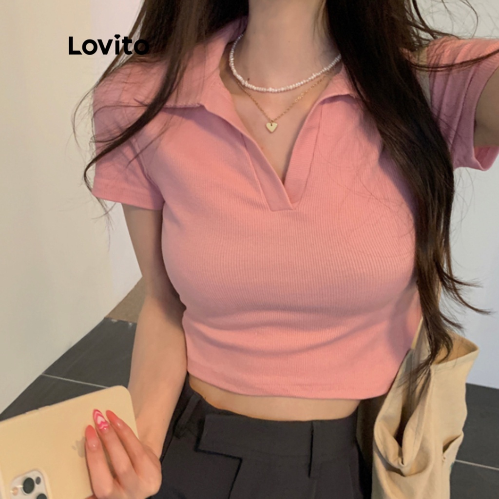 Áo thun LOVITO tay ngắn cổ cơ bản polo màu trơn thường ngày cho nữ LNE10186