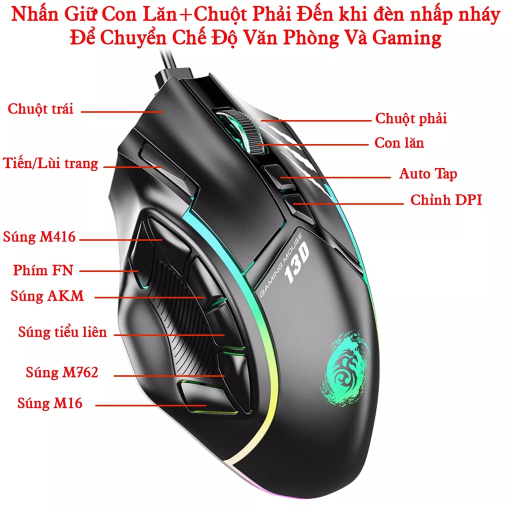 Chuột có dây DEMON BARON Hỗ trợ ghìm tâm PUBG, 8 nút Autotap, ghìm tâm PUBG trên Mobile, PC...led nhiều màu -dc4133