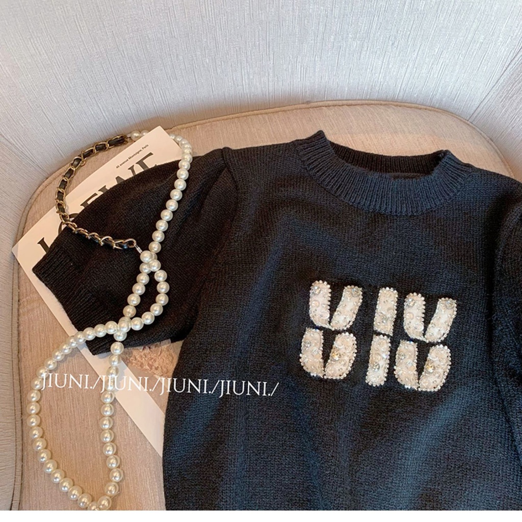 Áo Sweater Dệt Kim Tay Ngắn In Chữ Thời Trang Mùa Hè Năng Động