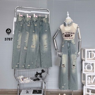 Quần jean ống rộng nữ rách tua rua màu xanh ngay gối cạp cao Lê Huy Fashion MS 3787