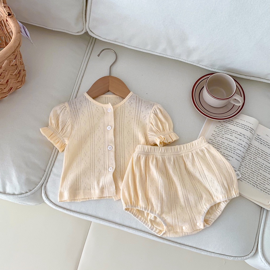 Set Đồ Mùa Hè 2 Món Gồm Áo Sơ Mi Tay Cộc Màu Vàng / Be + Quần Ngắn Cho Bé Gái Sơ Sinh 0-24
