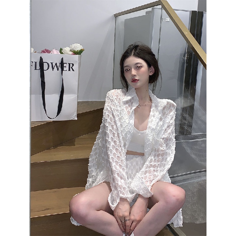 New vacation style large size sunscreen clothes UV-proof breathable cardigan shorts suit girls' loose large size two-piece suit