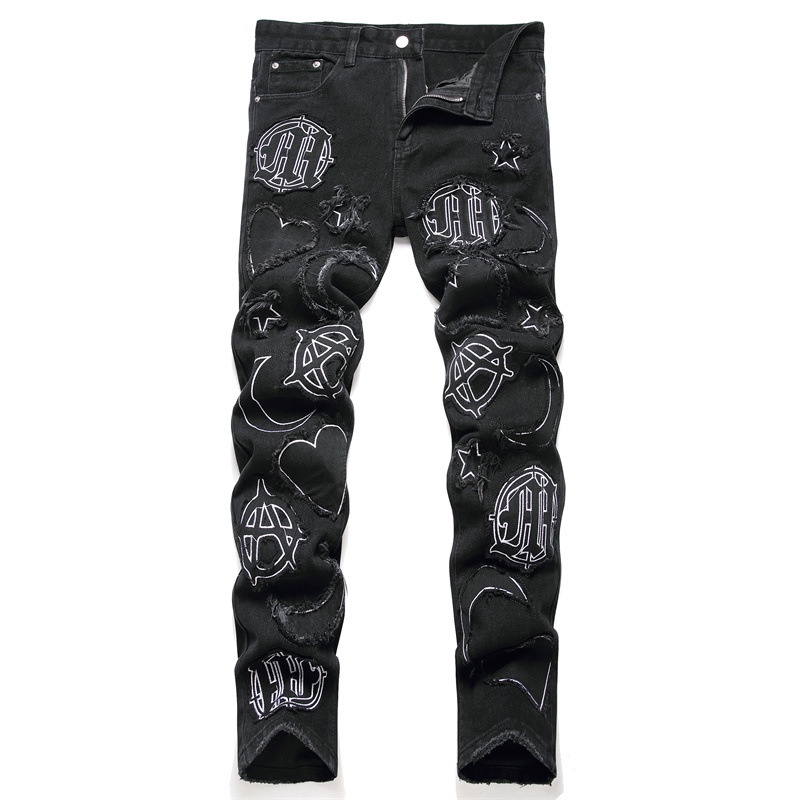 Quần jeans Rách Đen Dáng Rộng Co Giãn Phong Cách punk Thời Trang Cho Nam Giới 3429