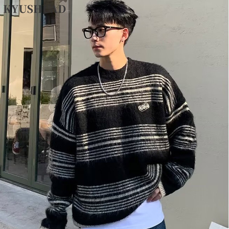 Áo sweater Dệt Kim Tay Dài Cổ Tròn Họa Tiết Kẻ Sọc Đơn Giản Trẻ Trung Cho Nam