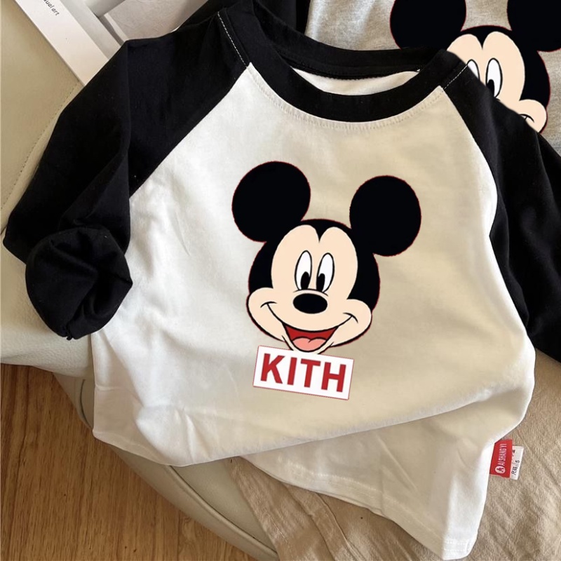 Áo phông cotton xịn  bông tinh khiết áo dài tay bé gái áo sơ mi hoạt hình in dài raglan tay áo trẻ em mặc