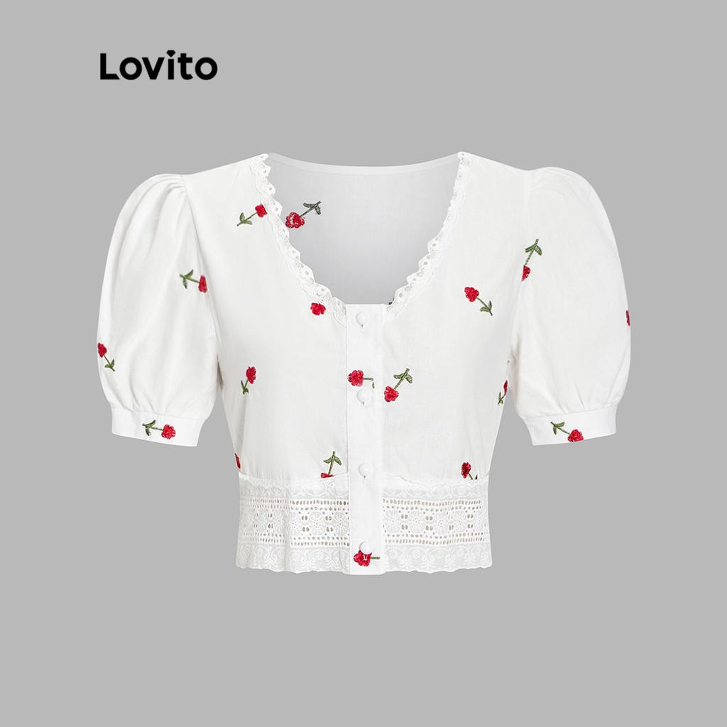 Áo Lovito tay phồng phối ren thêu hoa xinh xắn L54ED021 (màu trắng)
