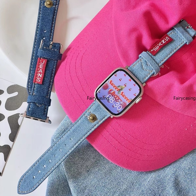Dây Đeo Đồng Hồ Bằng Da Và Denim Cho iWatch Series 42mm 41mm 40mm 44mm 45mm 38mm 49mm Ultra 8 7 6 5 4 SE