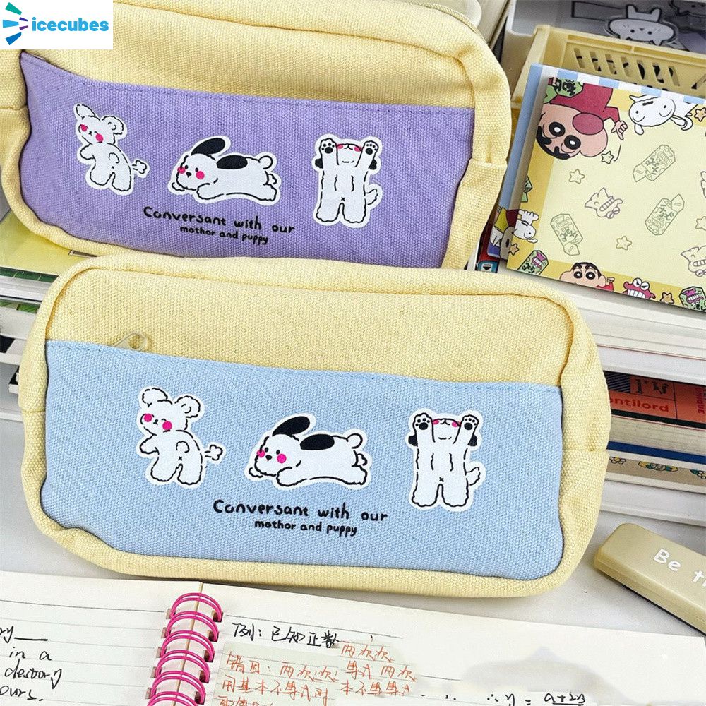 Vẻ đẹp cao cấp Túi đựng bút in hình chú chó con dễ thương Túi đựng bút màu xanh Công suất lớn Dây kéo kép được chia Hộp văn phòng phẩm lập thể Túi bút học sinh ICECUBES