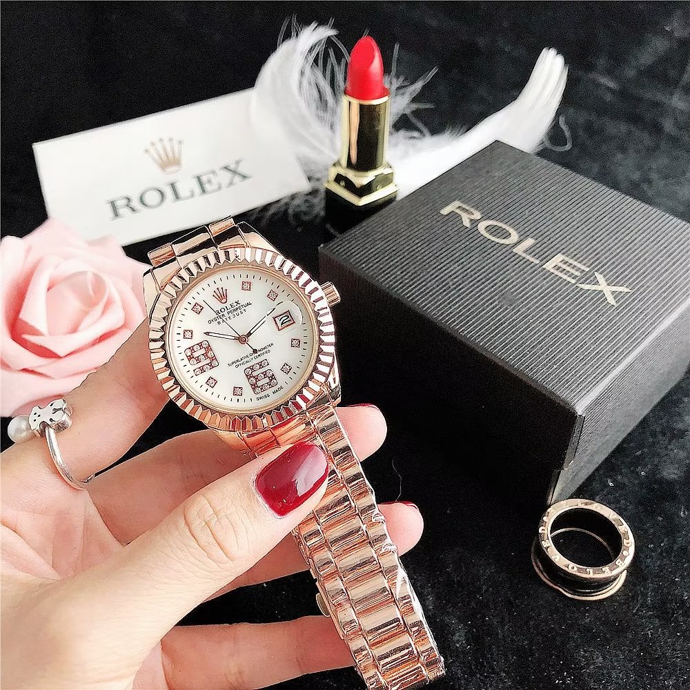 Đồng Hồ Rolex Mặt Tròn Đính Kim Cương Dây Da Thép Không Gỉ Thời Trang Cho Cặp Đôi