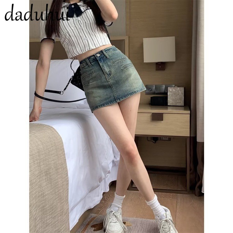 Daduhui New American Ins High Street Retro Denim Skirt Niche High Waist A- line Skirt Large Size Bag Hip Skirt