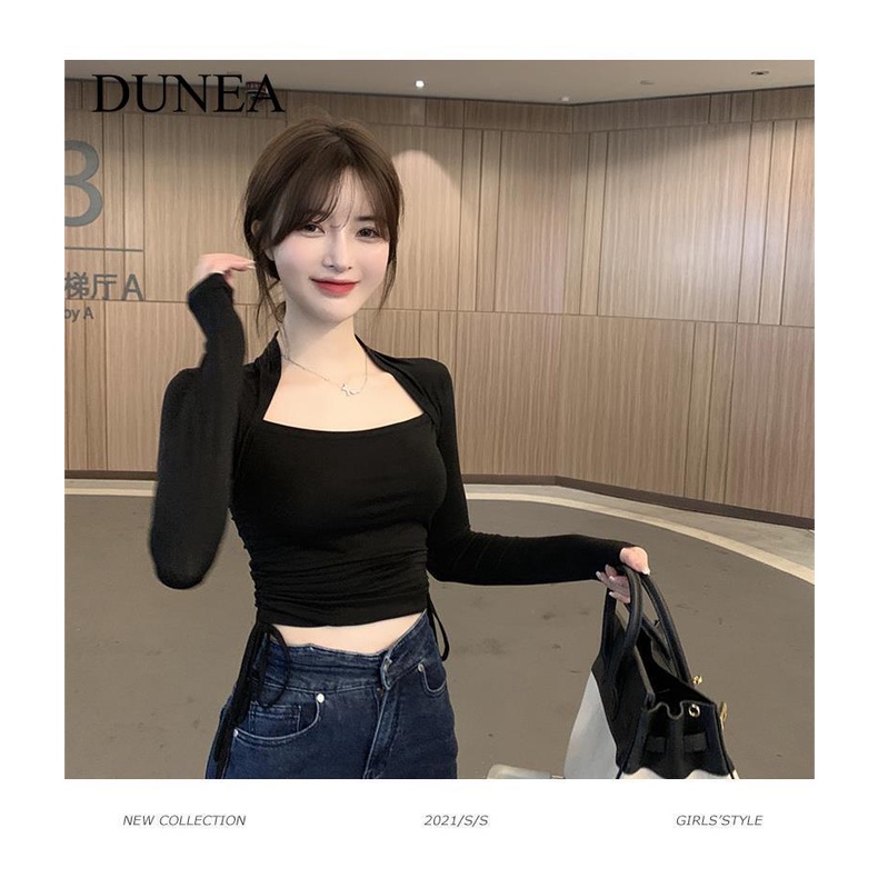 DUNEA Áo Thun Tay Dài Cổ Vuông Dáng Ôm Phối Dây Rút Thời Trang Cho Nữ