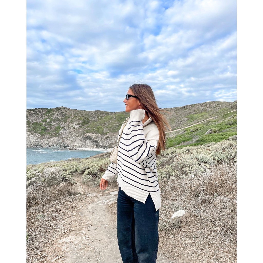 Zara Áo Sweater Dệt Kim Cổ Cao Dáng Rộng Kẻ Sọc Thời Trang Mùa Thu Cho Nữ 17004048