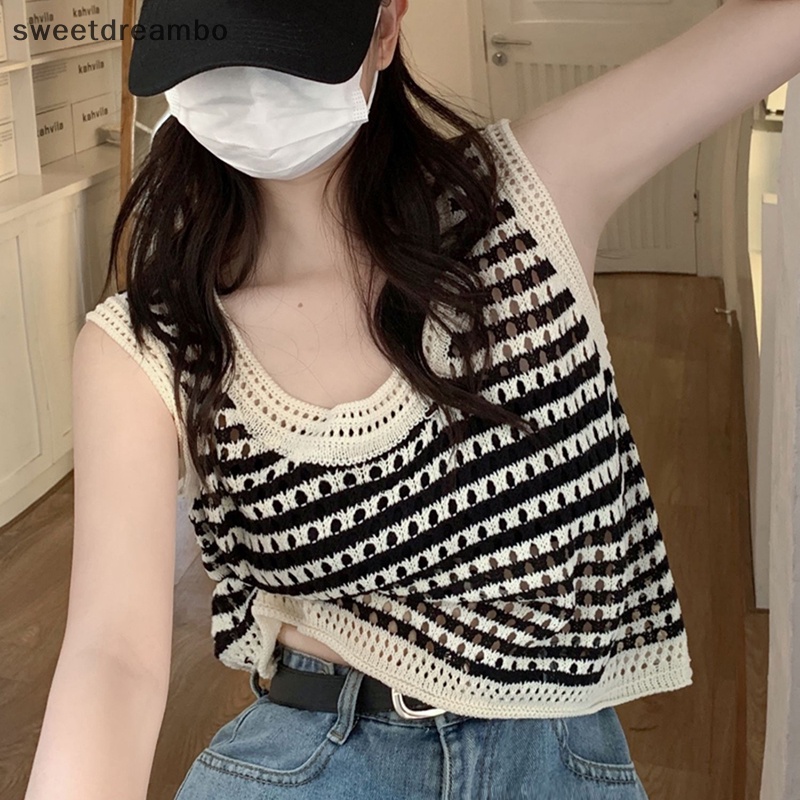 Áo hai dây dáng rộng không tay mùa hè cho nữ, áo hai dây dệt kim khoét lỗ sọc mùa hè