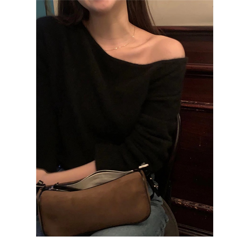 Papv korea chic niche sexy one line collar áo len quây 394