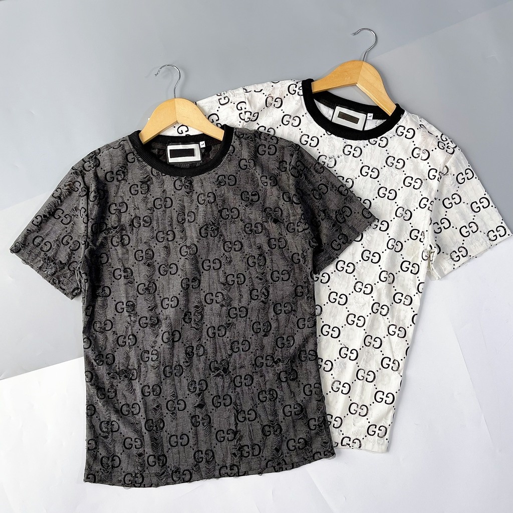 Áo thun nam cổ tròn, áo thun nam tay ngắn phối rách in chữ G, chất cotton nhung mềm mịn siêu đẹp