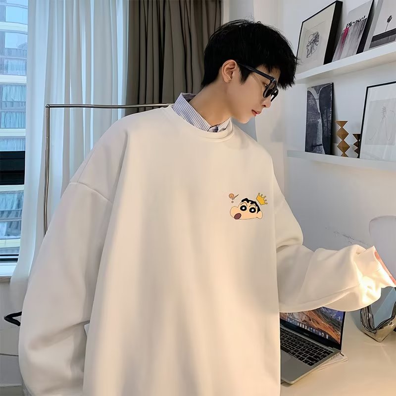 Sweater nam form rộng big size tới 120kg Nhật Bản Cartoon Crayon In ấn Shin Unisex Thời Trang Trẻ Trung