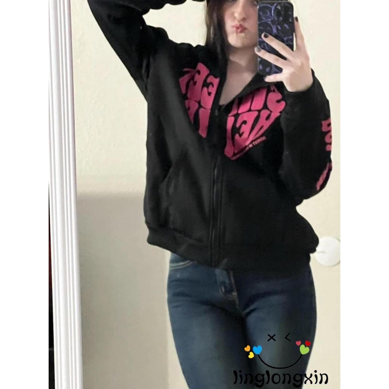 Linglongxi2-nữ tay dài chữ in hoodie cool street outwear