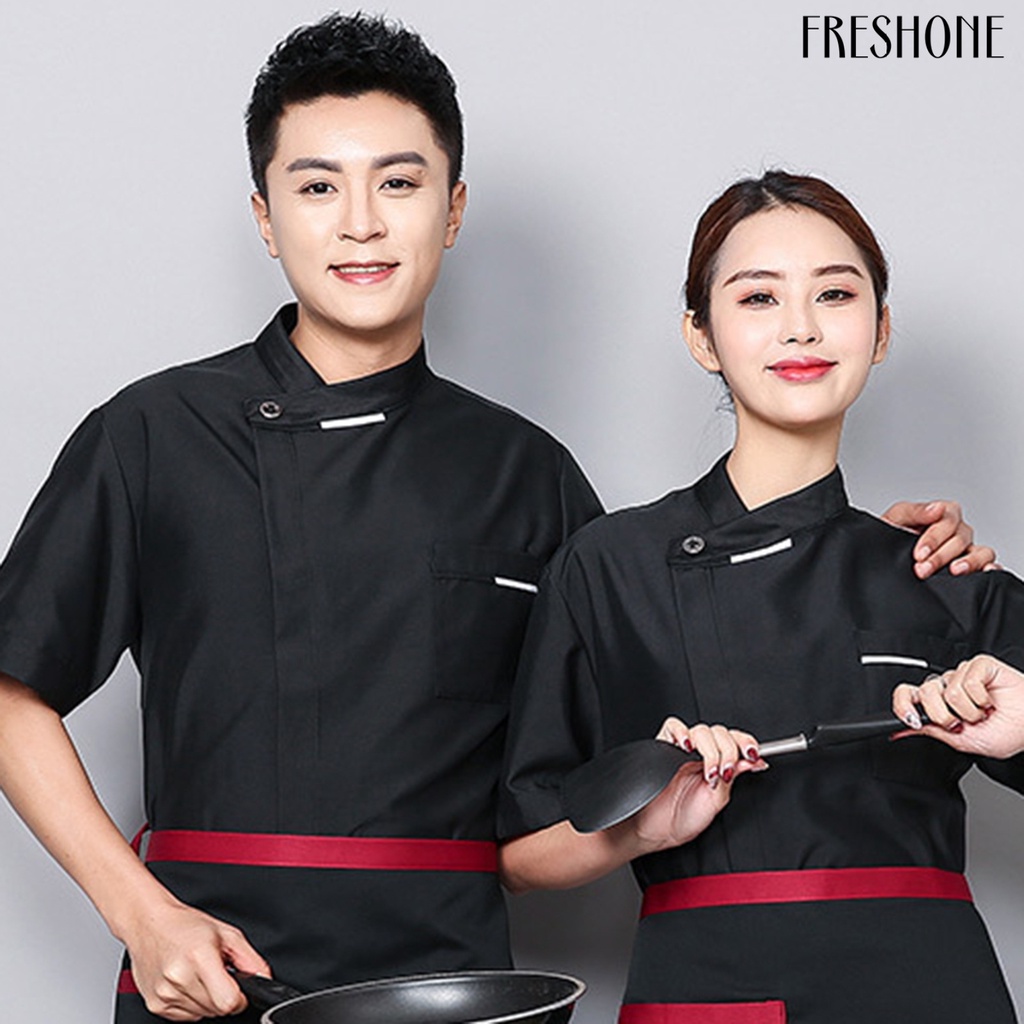 Đầu bếp unisex cổ đứng ngắn tay áo mềm mại thoáng khí túi vá màu rắn thợ cắt tóc sushi nhà bếp nấu ăn quần áo làm việc