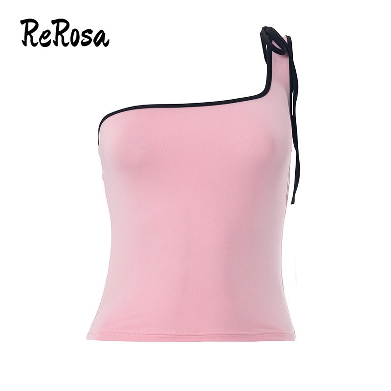Rerosa nữ Áo hai dây màu rắn cổ không đối xứng 2023 phong cách mới mỏng vừa vặn không tay lưng không lưng all match crop top