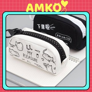 Hộp Bút Vải Khóa Zip To Đẹp Hình Mèo Thỏ Đen Trắng - Túi Đựng Bút Canvas , Bóp Vết Đa Năng AMKO HBV17