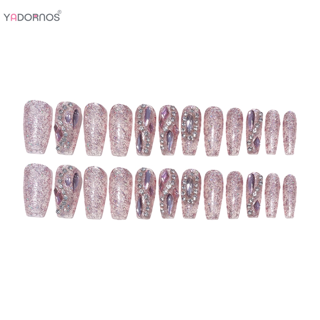 YADORNOS Móng tay giả kiểu pháp màu hồng rhinestone với móng tay không có cạnh và mịn