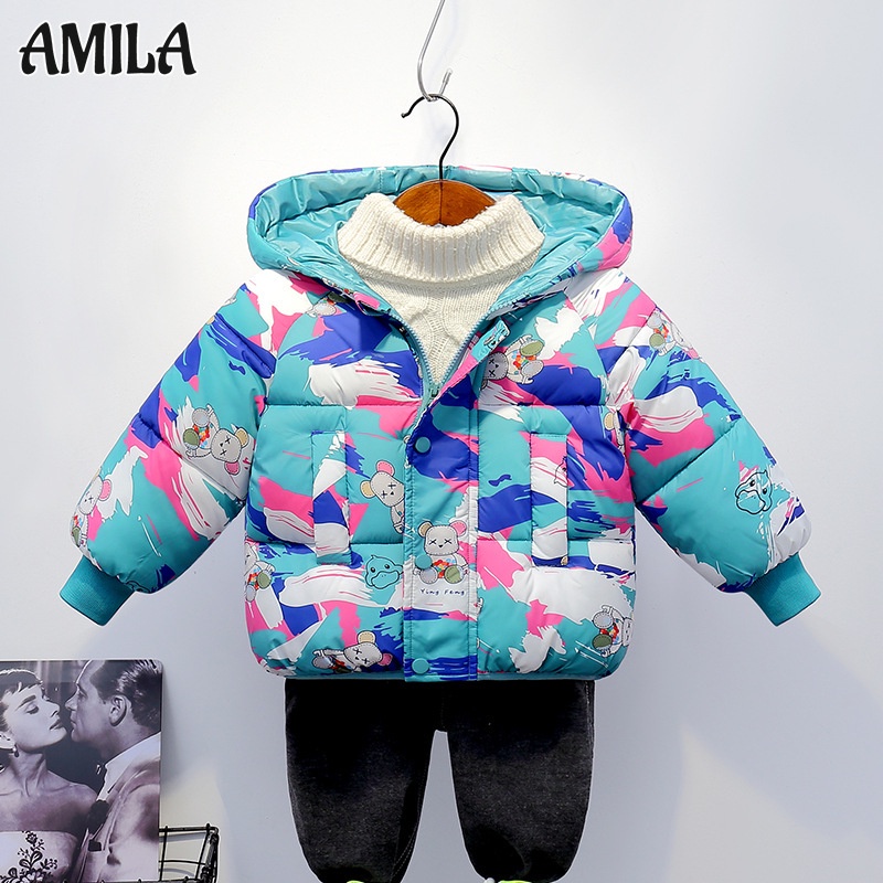 Amila áo khoác trẻ em mùa thu và mùa đông trẻ em vịt vàng nhỏ quần áo đệm dày cho bé trai và bé gái áo khoác đệm phong cách graffiti