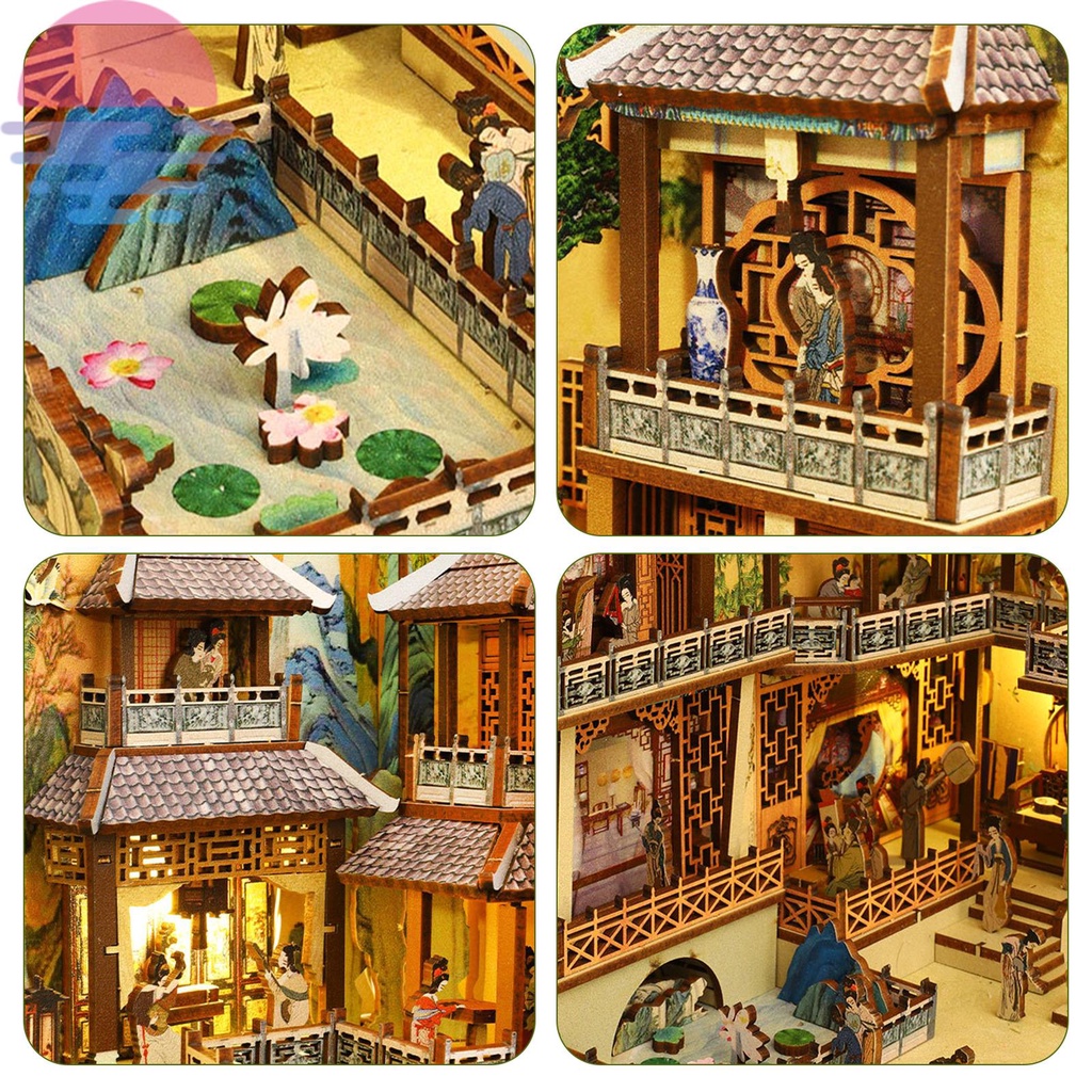 Diy book nook kit 3d xếp hình bằng gỗ giá sách chèn trang trí với cảm biến led ánh sáng diy miniature dollhouse model kit shops shopkc0122