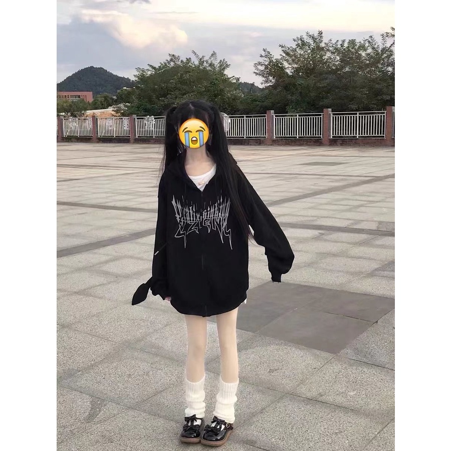 Áo Khoác Hoodie Dày Dặn Phối Khóa Kéo In Họa Tiết Ác Quỷ Phong Cách Đường Phố Cá Tính Cho Nữ 1b
