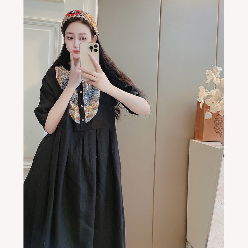 Ice cotton linen pick-up leak counter return tail order in stitching cotton linen short-sleeved dress women loose casual slimmer